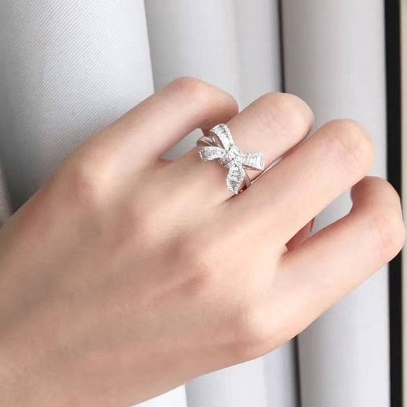 NEW 925 Sterling Silver Diamond Baguette Bow Ring - Picture 3 of 9